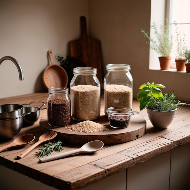 Kuchnia z naczyniami i przyprawami